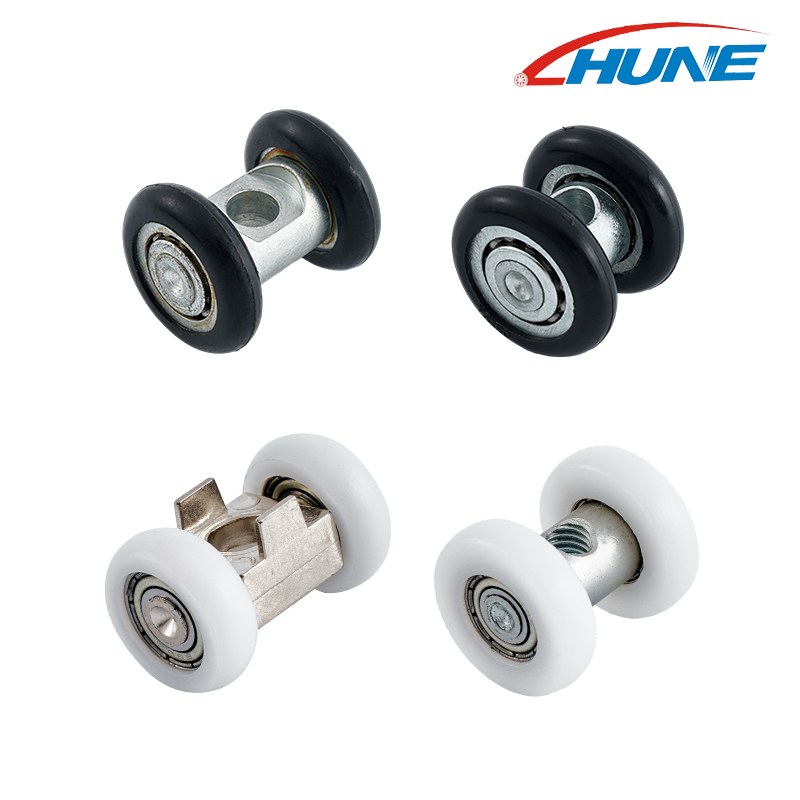 Conjunto de ruedas adhesivas montadas en eje para puertas corredizas de doble vía